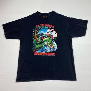 Rare VTG 1992 Holoubek Budweiser Beer Michigan Fishing/Motorcycle TShirt Size XL